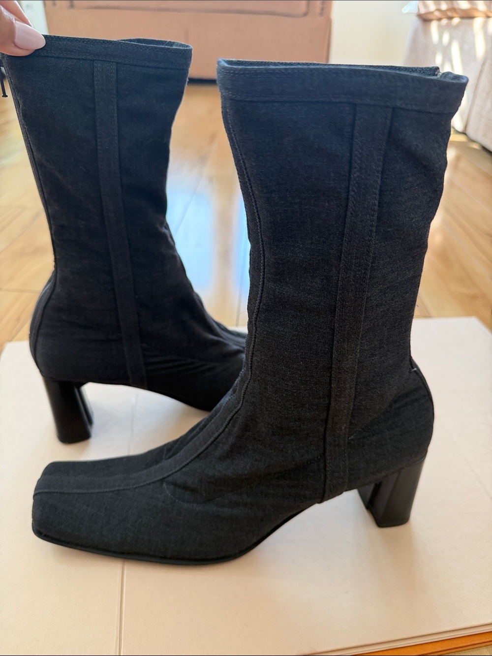 Authentic Prada Classic Black Mid-Calf Square Heeled Boots - 90’s style
